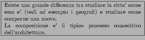 \framebox{
\parbox[c]{10cm}
{Esiste una grande differenza tra studiare
la citta'...
...a.
\par
La composizione e' il tipico processo conoscitivo
dell'architettura. }
}