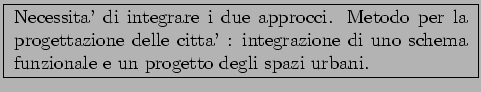 \framebox{
\parbox[c]{10cm}
{Necessita' di integrare i due approcci.
Metodo per ...
...ta' : integrazione di uno
schema funzionale e un progetto degli spazi urbani.}
}