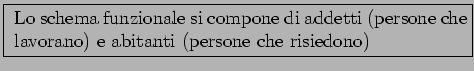 \framebox{
\parbox[c]{10cm}{
Lo schema funzionale si compone di addetti (persone che lavorano)
e abitanti (persone che risiedono)
}}