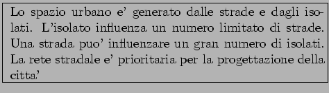 \framebox{
\parbox[c]{10cm}{
Lo spazio urbano e' generato dalle strade e dagli i...
...di isolati. La rete stradale e' prioritaria
per la progettazione della citta'
}}